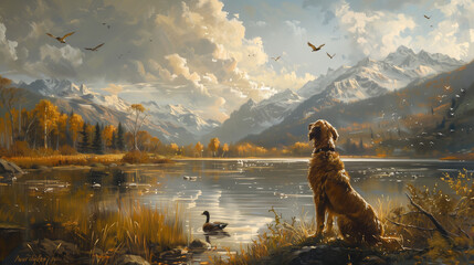 il Painting Style Print of a Hunting Dog Watching Ducks Flying - Hunting Scene, Natural Landscape Art