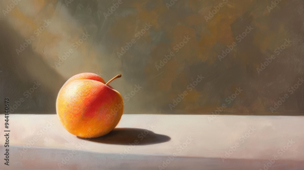 Poster a single apricot on a plain surface, highlighting its natural curves and color with subtle light ref