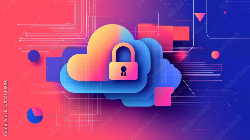 Poster colorful lock icon on a cloud against a vibrant digital abstract background. represents digital secu