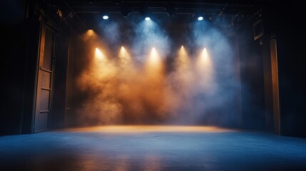 A stage setting with intense, focused lighting effects that add depth and dimension to the background scene.