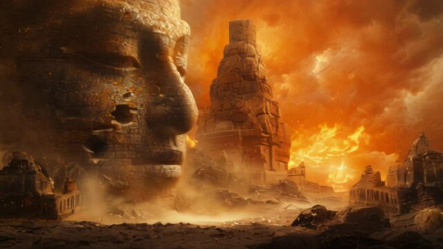 An aweinspiring ancient statue looms over a breathtaking landscape, embodying timeless grandeur and mystique
