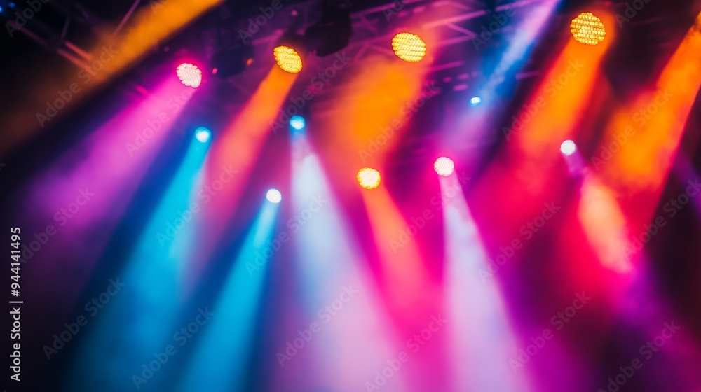 Poster a vibrant stage lit with multicolored lights creating a dazzling background effect.