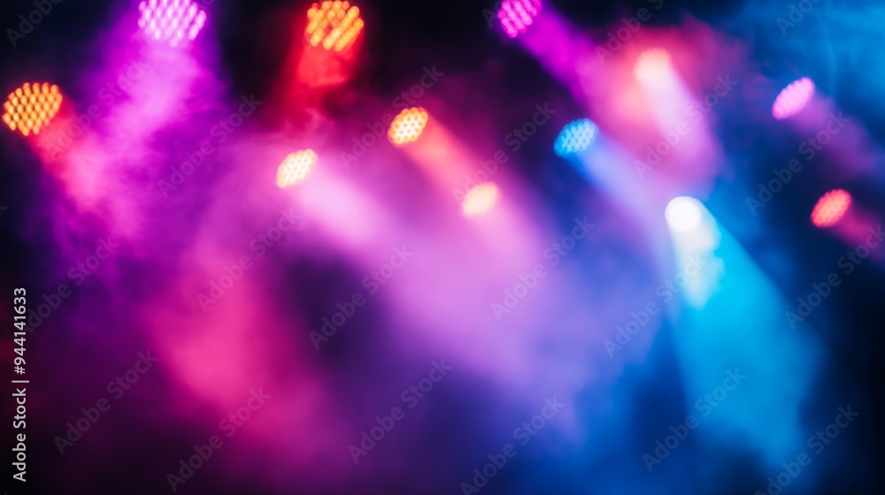 Fototapete a vibrant stage lit with multicolored lights creating a dazzling background effect.