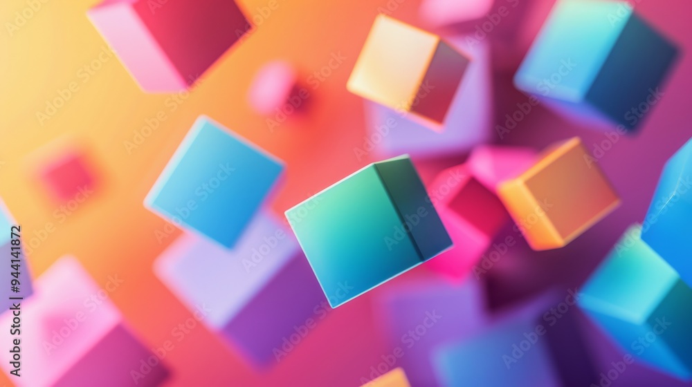 Fototapete Abstract design featuring colorful, floating cubes of various sizes drifting against a gradient background