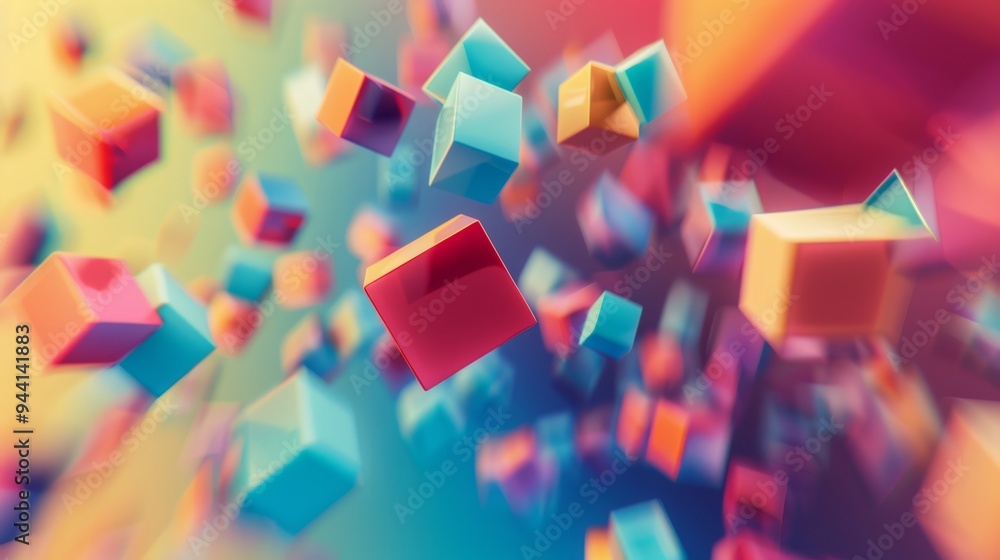 Leinwandbilder Abstract design featuring colorful, floating cubes of various sizes drifting against a gradient background