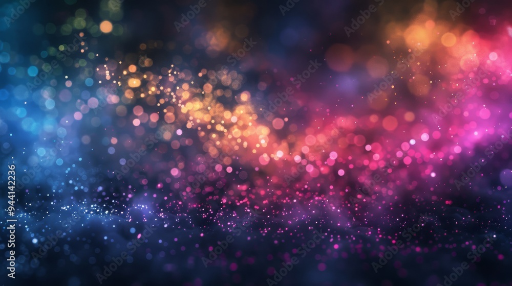 Poster abstract multicolored particles swirling in a black backdrop ad