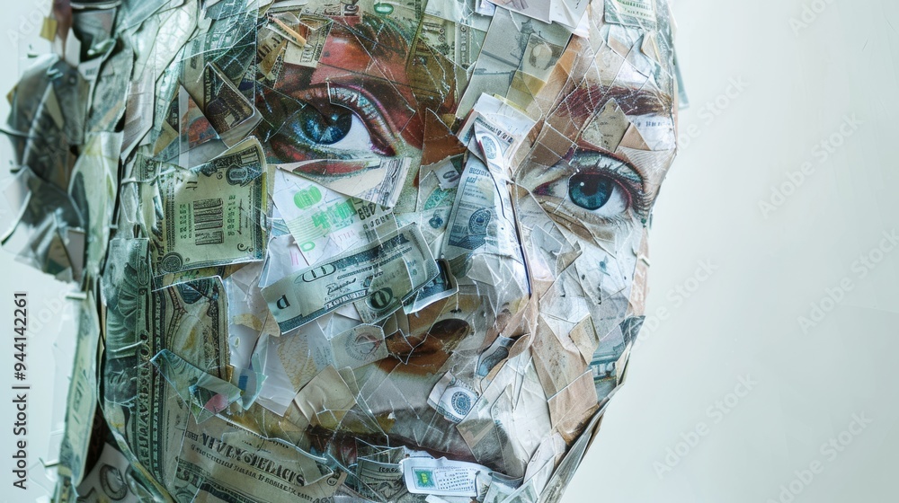 Poster Abstract portrait made from pieces of various banknotes, showcasing the integration of financial elements into facial structures, with a clean background