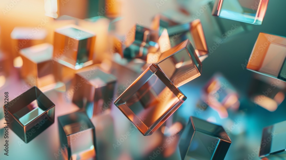 Poster Abstract scene featuring a cluster of floating cubes with varying transparencies and hues on a smooth, neutral backdrop