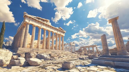 Obraz premium Athens Acropolis with Parthenon, ancient ruins and blue sky, 3D illustration