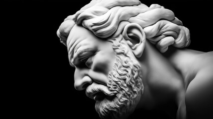 Close-up of a classical marble statue head depicting a bearded man with detailed hair and facial features on a black background.