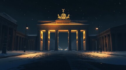 Obraz premium Berlin s Brandenburg Gate, historical landmark at night, 3D illustration