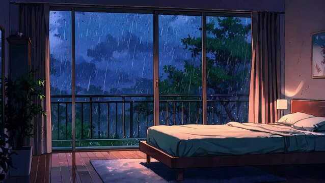 Lofi Loop Animation Cozy Tranquil Bedroom with Rainy Night Ambiance, Relaxing Sleep Atmosphere