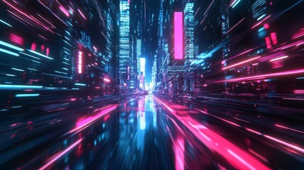 Chase scene through a futuristic city, neon lights reflecting, 3D illustration