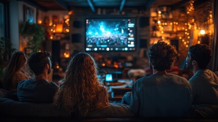 Fototapeta premium Group of friends reacting to a live streaming event on multiple devices