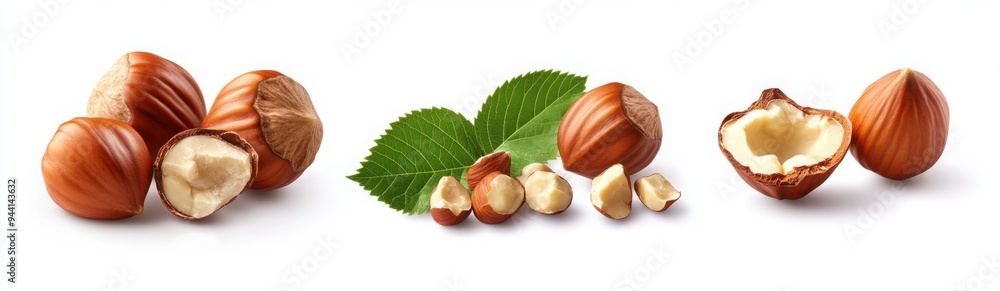 Poster three images of hazelnuts, one in the shell and two open showing their kernels, against a white back