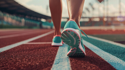 Female wear running shoe walking in the racetrack