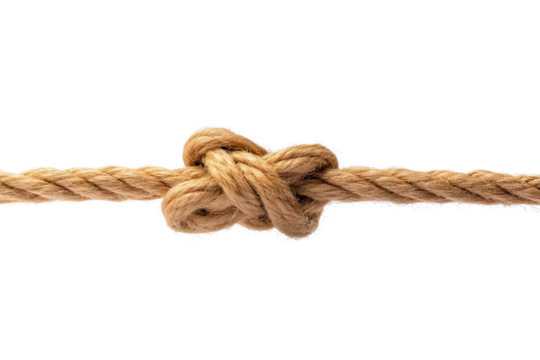 A close-up of a tightly tied rope knot, showcasing the texture and strength of natural fibers against a plain background.