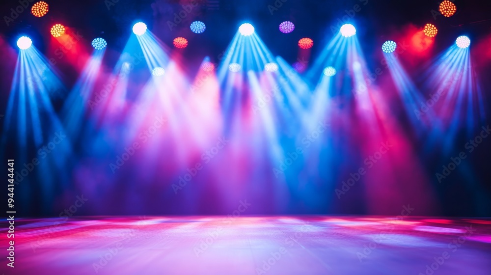 Poster an illuminated stage with colorful light spots and beams, creating a vibrant and lively background f