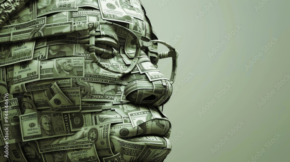 Poster artistic representation of a face formed from money, with detailed layers of currency elements mergi