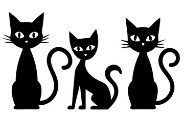 Three stylized black cats standing side by side, each with distinct poses and features, against a white background