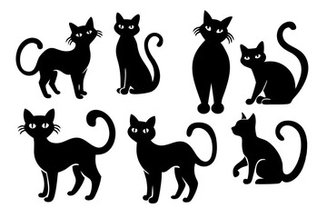 A collection of seven playful, stylized black cats in various poses, featuring distinct shapes and expressions