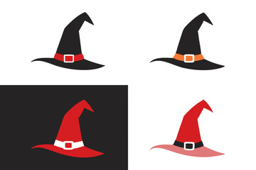 Four colorful witch hats: two black with orange and red bands, and two red with white bands, set against a simple background