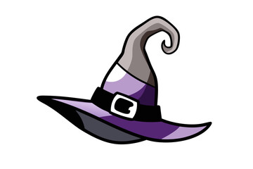A whimsical purple witch's hat with a curled tip and a black band featuring a silver buckle