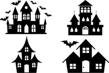 Four silhouettes of spooky houses and bats, perfect for Halloween decor, featuring distinct architectural styles and eerie ambiance