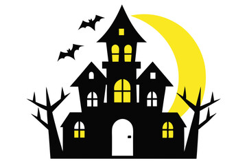 A spooky black silhouette of a haunted house with bats, set against a bright yellow moon and bare trees