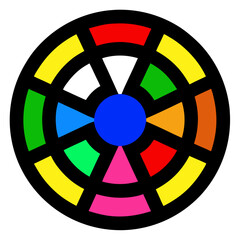 Colorful circular design featuring a blue center surrounded by various colored wedges, including red, yellow, green, pink, and orange