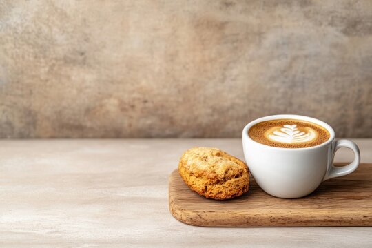 Cappuccino coffee with latte art and a cookie on a wooden board against a beige background-gigapixel-hq-scale-6_00x