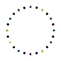 A circular arrangement of colorful dots in various shades, including black, purple, teal, and gold, on a white background