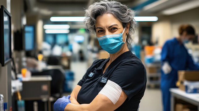 Confident female healthcare worker wearing a face mask and gloves, standing in a medical facility with arms crossed. Laboratory environment in the background.