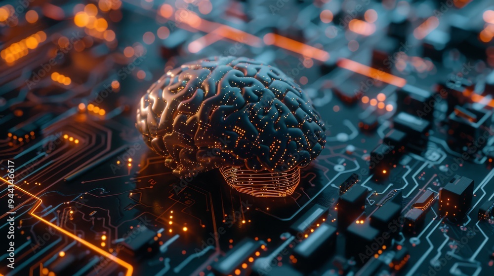 Aufkleber brain and circuit board fusion in futuristic style