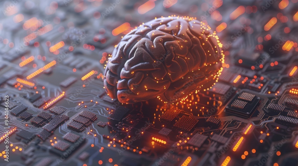 Poster brain and circuit board fusion in futuristic style