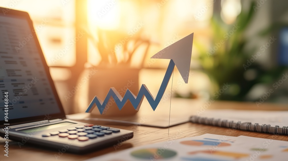 Poster arrow chart pointing upwards with business documents and a calculator. symbolizing business growth, 