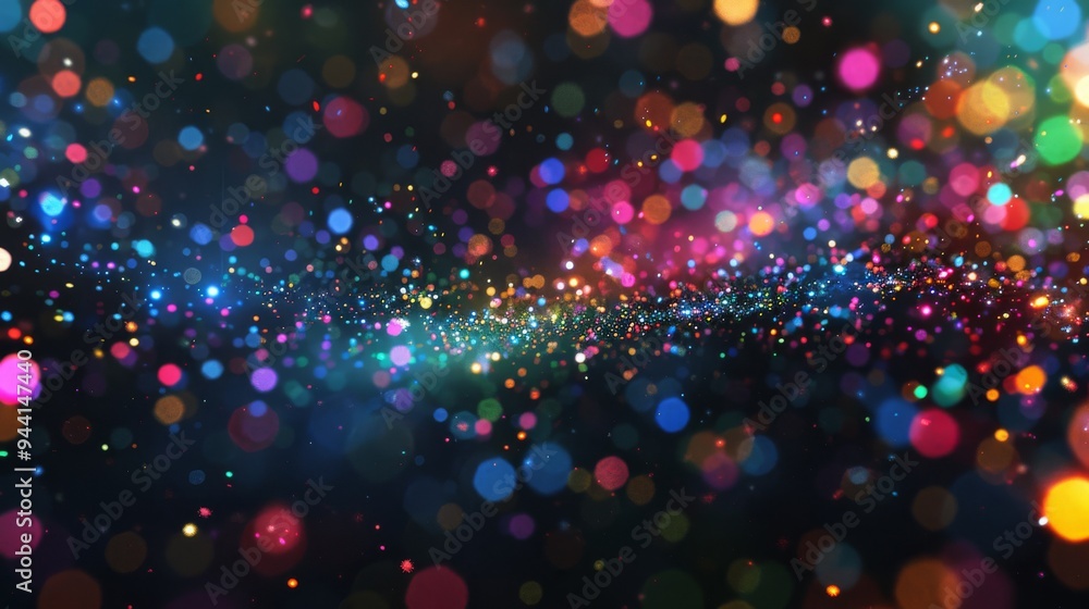 Poster bright multicolored particles floating in dark space