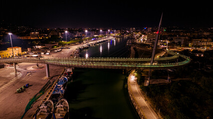 Aerial view of Ponte del Mare at night, Pescara, Abruzzo, Italy