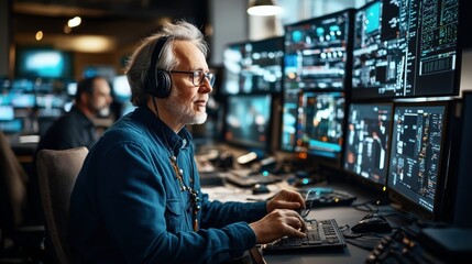 An older man wearing headphones and glasses is working at a computer station with multiple monitors displaying complex data in a monitoring control room.