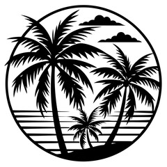 80s Retro Palm black Trees Sunset Vector Art Sticker