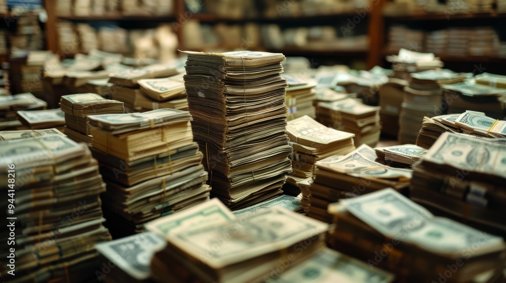Poster bundles of money arranged in tidy stacks
