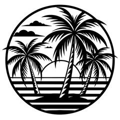 80s Retro Palm black Trees Sunset Vector Art Sticker