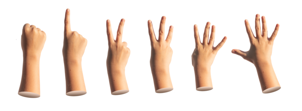 Kids hand counting fingers. zero, one, two, three, four, five, numbers isolated. Gestures set on white background.