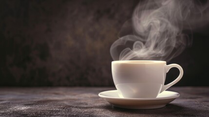Classic coffee cup with steam on dark textured background