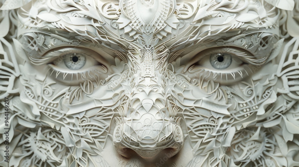Poster Close-up of a face composed of intricate patterns of money, creating a visually striking and detailed composition