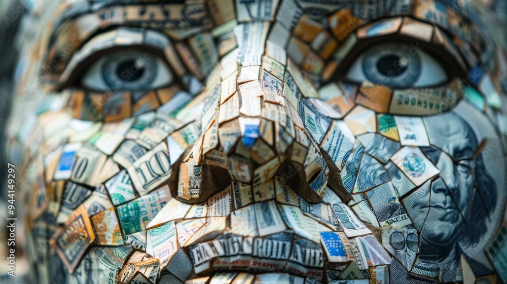 Poster close-up of a face created from a mosaic of money, highlighting the detailed fusion of currency into