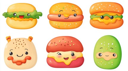 Obraz premium Set of Cute Cartoon Burgers with Different Toppings