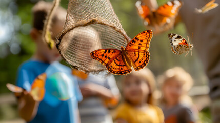 A group of children is happily trying to catch colorful butterflies with nets in a lush garden, enjoying the warmth of a sunny summer day