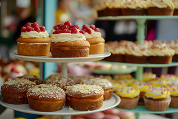 A cheerful bake sale features a tiered cake stand filled with cupcakes and muffins, attracting hungry customers eager to indulge in sweet treats