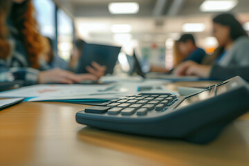A calculator rests on the desk while students engage in collaborative study. Laptops and documents are scattered, creating a focused learning environment